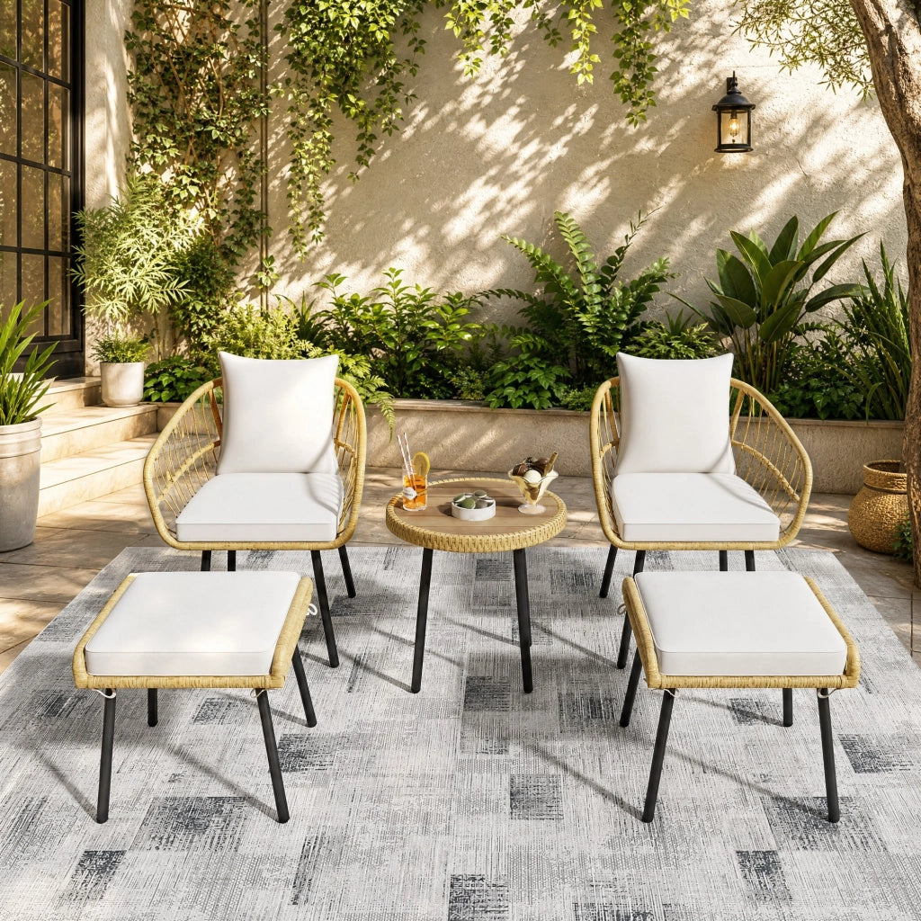 Set da balcone a dondolo 3 pezzi con tavolino in vetro temperato e cuscini beige