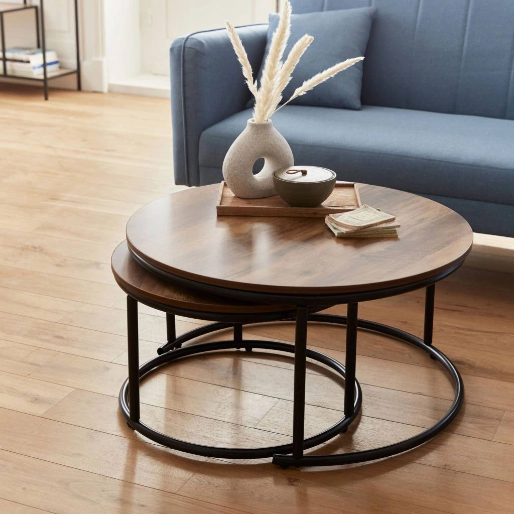 Set di 2 tavolini rotondi in metallo e legno, marrone naturale