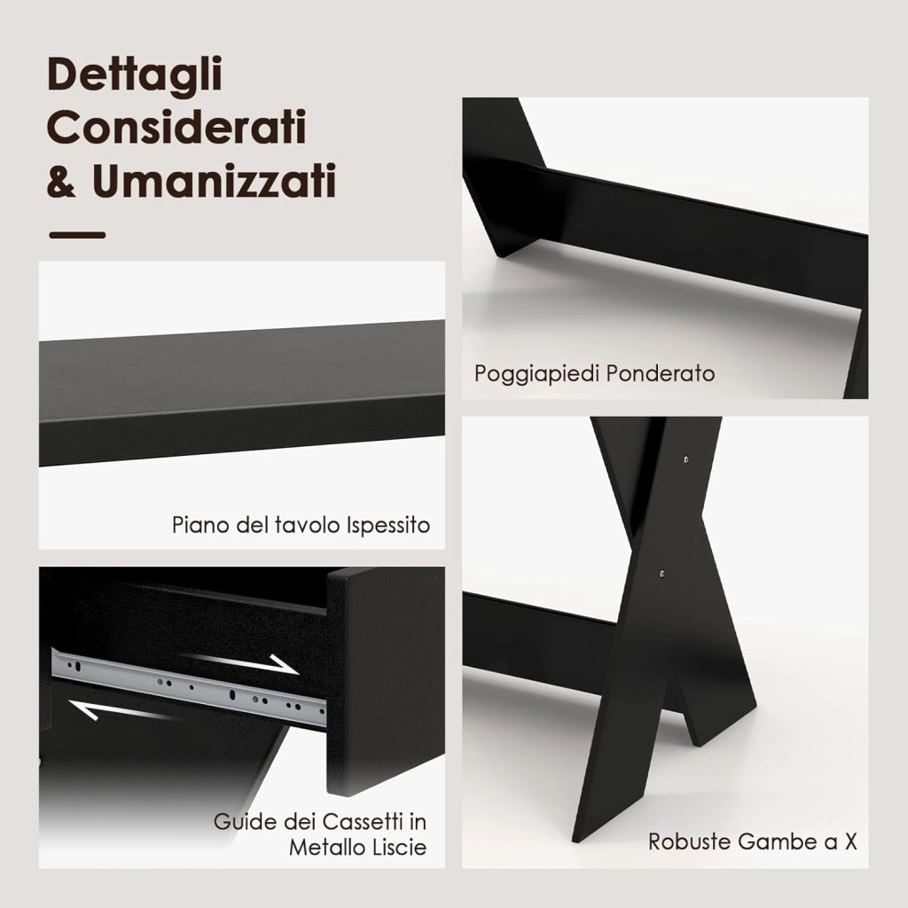 Scrivania per Computer in Legno, Scrivania con Cassetto, Portaoggetti e Supporto per Monitor, Poggiapiedi e Gambe a Forma di X, Ideale per Ufficio e Casa (Black)