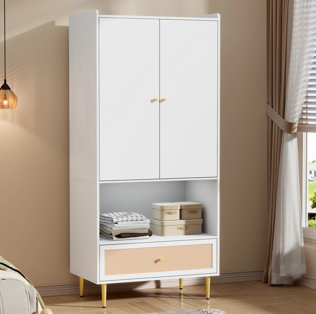 Armadio 2 ante 80x48x175 cm con cassetto in rattan PE bianco e naturale HOMVRA