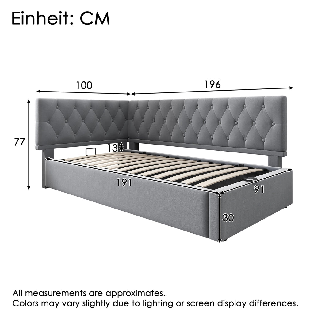 Letto singolo imbottito 90x190 cm in velluto grigio con contenitore