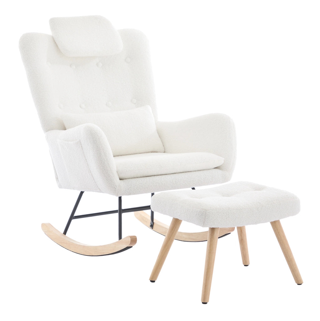 Sedia a dondolo 73x92x102 cm con cuscino per il collo e lombare e poggiapiedi in tessuto teddy bianco