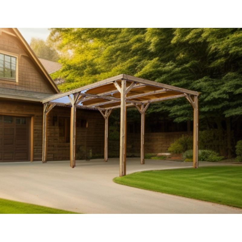 Pergola da giardino in legno termo-trattato 302x500 cm – carport tettoia auto con tetto PVC trasparente – pali 70x80 mm – TH3051S2 Foresta