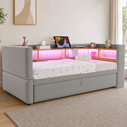 Divano letto imbottito 90/180 x 190 cm con luci LED, prese, vani contenitore e struttura in metallo