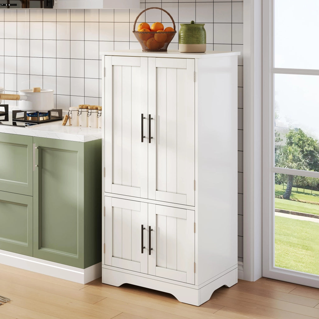 Credenza alta con LED sensore, 2 ripiani regolabili e ante ondulate, per cucina, in MDF bianco 120 × 60 × 40 cm