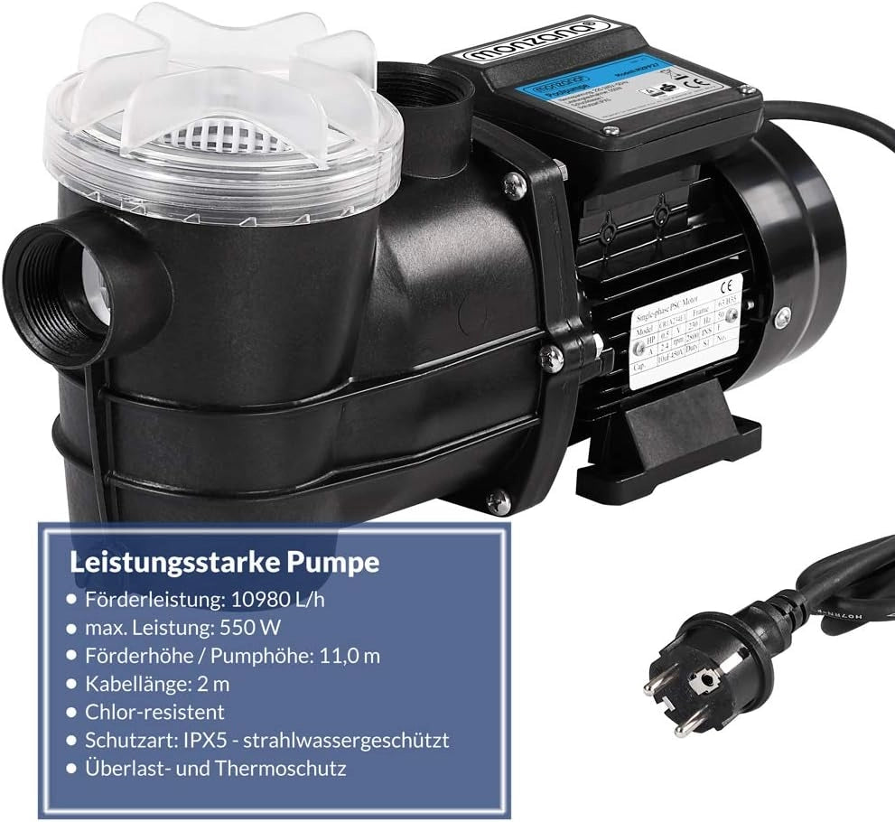 Pompa di filtraggio 10.980 l/h prefiltro Pompe per Piscina sistemi di filtraggio a Sabbia Altezza Portata 11 m