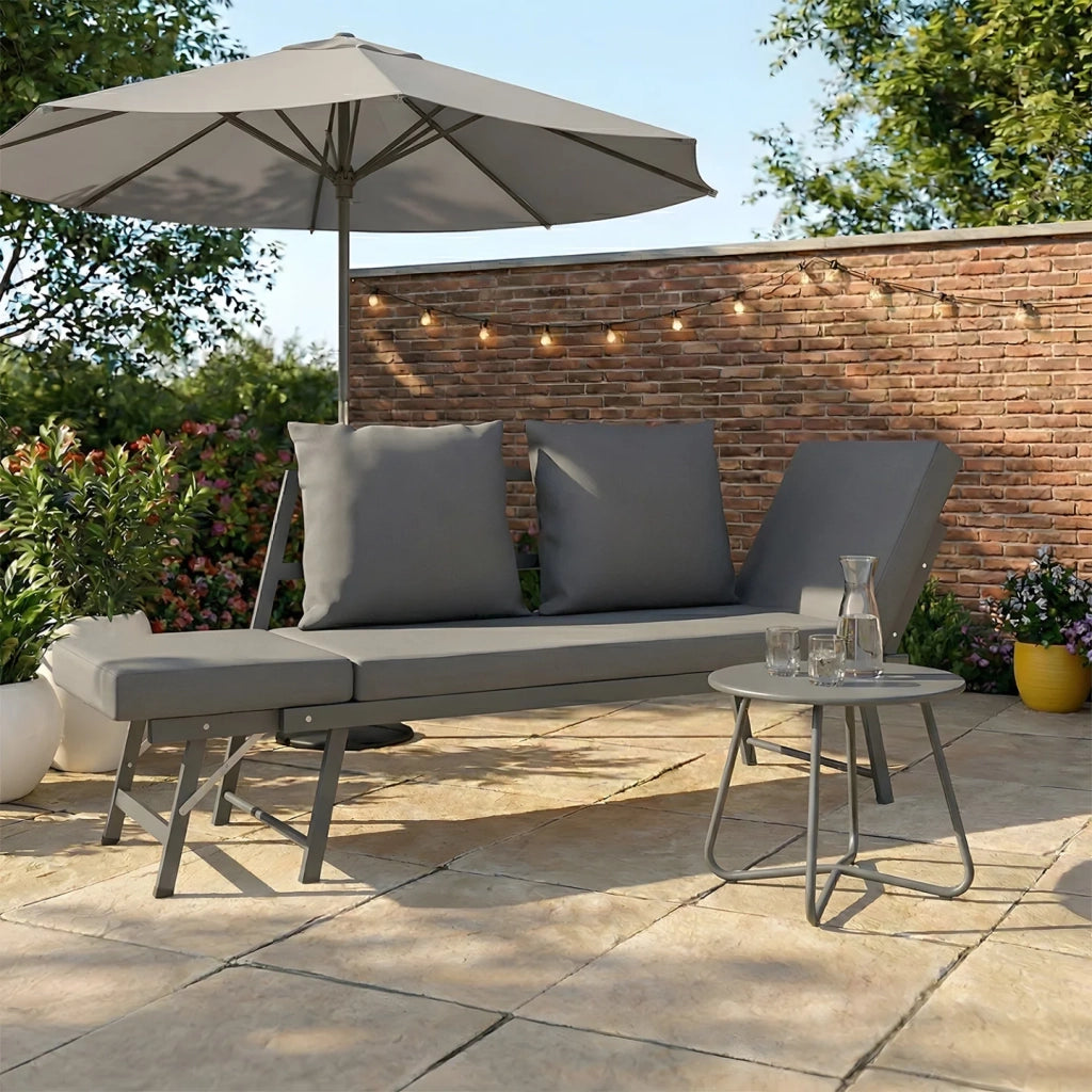 IDMarket - Divano da giardino e panca trasformabile NOLA a 2/3 posti con braccioli reclinabili in metallo e cuscini grigio antracite