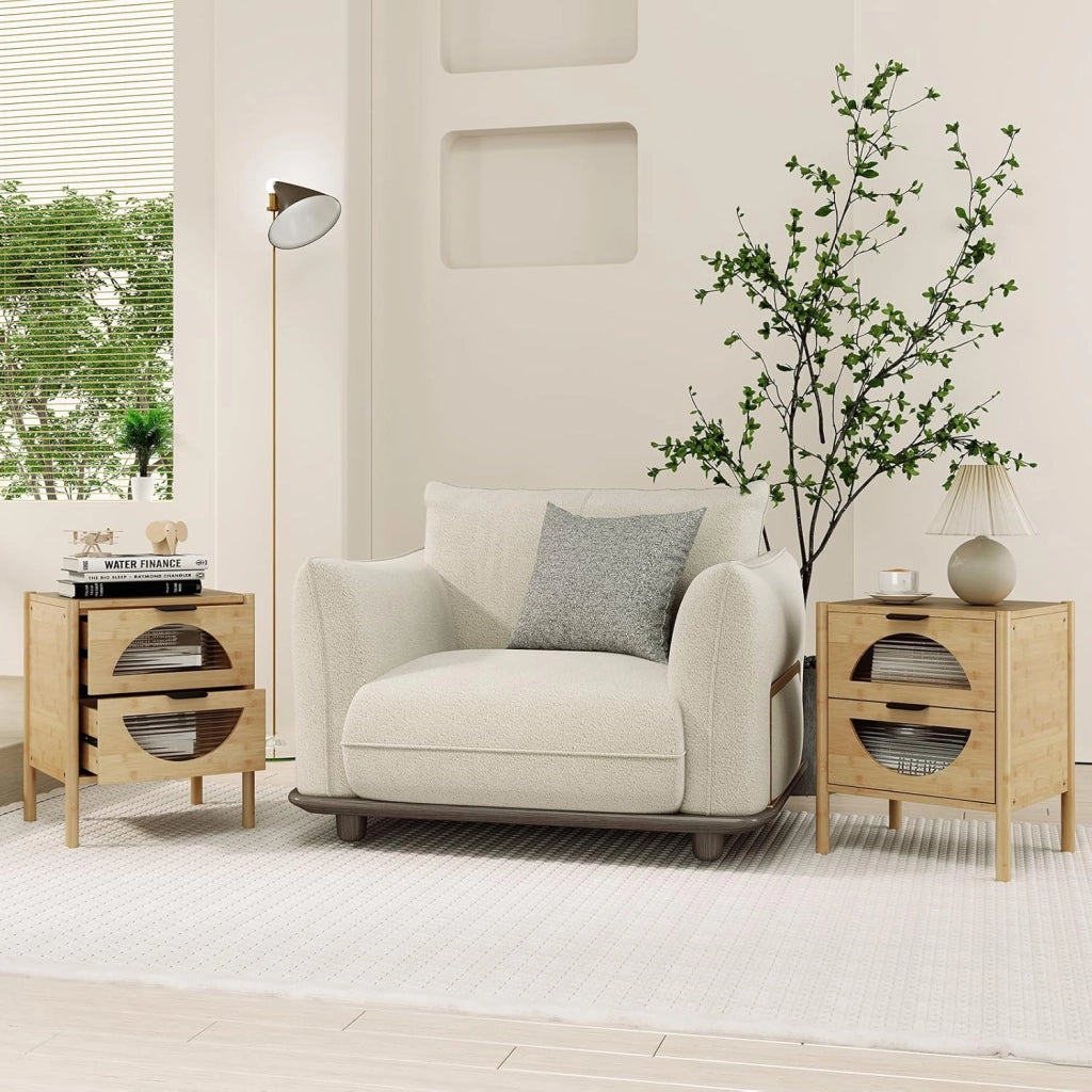 Comodino in bambù, comodino con 2 cassetti in vetro striato, gambe con stampa antiscivolo, 45 x 40 x 56 cm, tavolino per camera da letto, soggiorno