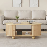 Tavolino da caffè ovale con vano contenitore; ante scorrevoli; 100x50x40 cm; MDF; effetto legno