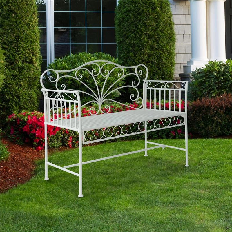 PANCHINA IN FERRO BIPOSTO DA GIARDINO STILE ROMANTICO 109.5X51X95.5 CM BIANCO
