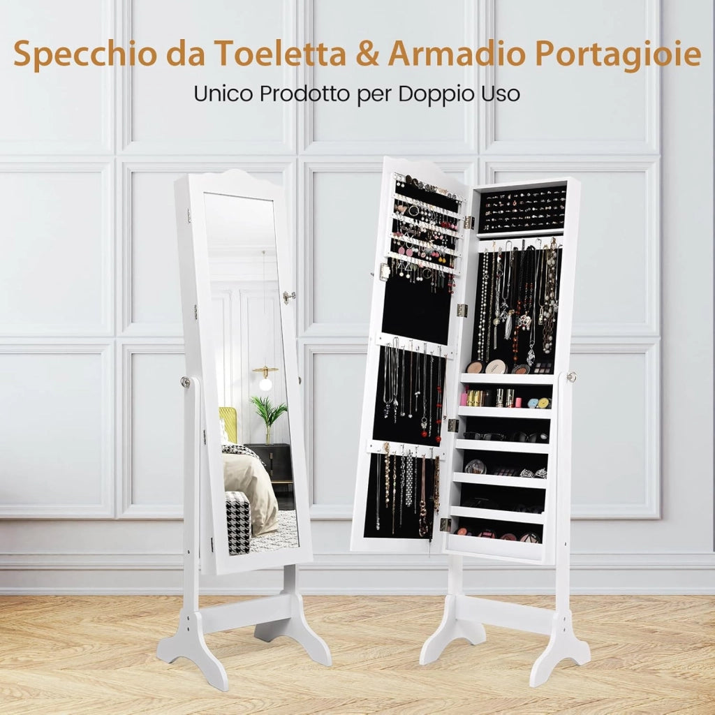 Armadietto Portagioie da Terra, Portagioie con Specchiera a Figura Intera, 4 Angolo di Inclinazione Regolabile, Specchio da Terra per Gioielli e Accessori, 160 x 45 x 37 cm (Bianco)