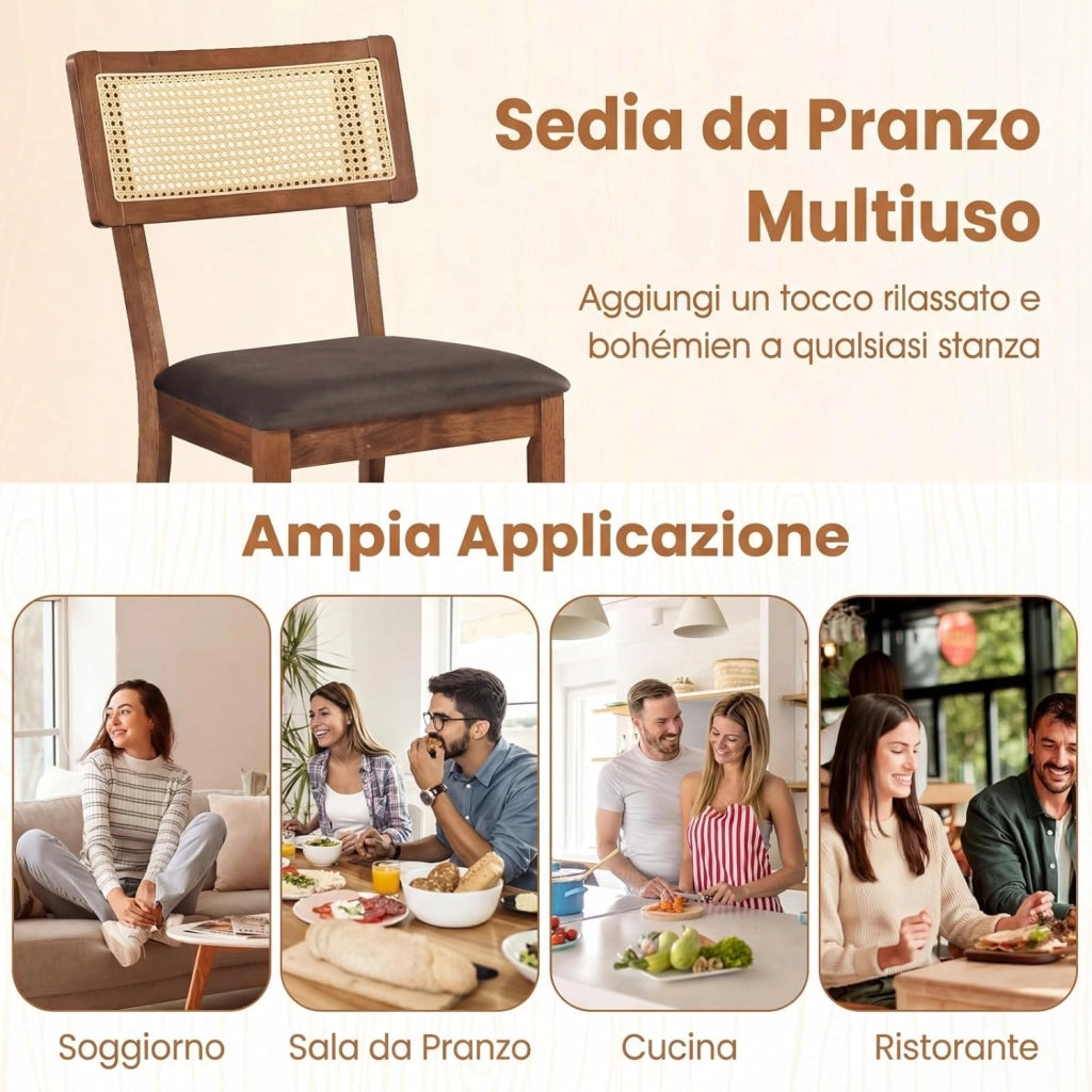 Set di 2 Sedie da Pranzo, Sedie Imbottite con Schienale in Rattan Intrecciato, Struttura in Legno di Hevea, Seduta in Velluto, Portata 180 kg, Sgabello d’Accent Boho per Soggiorno e Cucina