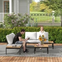 Set da Giardino 4 Pezzi con 2 Divanetti 2 Posti e 2 Tavolini in Metallo e Legno Composito, Grigio Nero e Teak