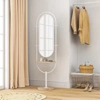 Specchio da Terra a Figura Intera 175,5x50 cm con Vassoio in Legno 4 Ganci e Cornice in Metallo per Soggiorno Camera Bianco