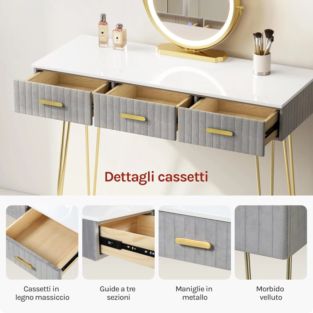 Toeletta Trucco con Luci LED, Luminosità Regolabile, Postazione Tavolo Make Up con Sgabello in Velluto, 3 Cassetti, Facile Montaggio, Moderno, Bianco+Grigio, MB6108gr