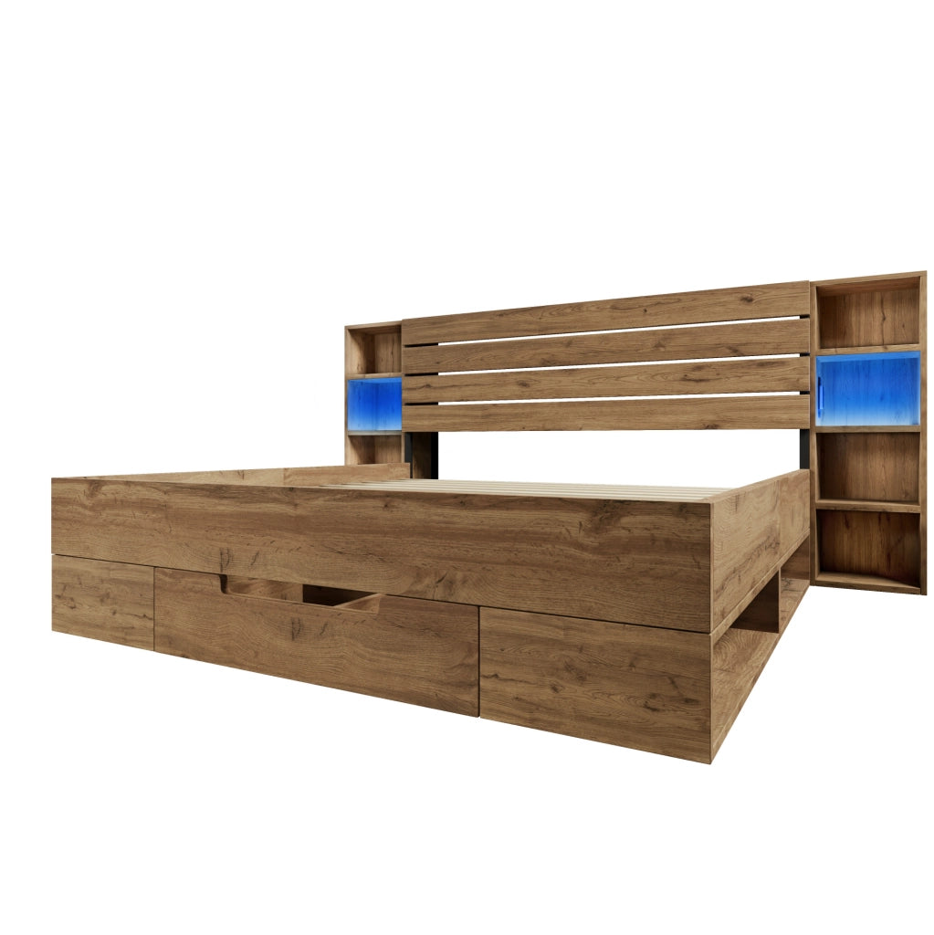 Letto 180x200 cm con LED, USB-C, testiera contenitore e 2 cassetti, rovere