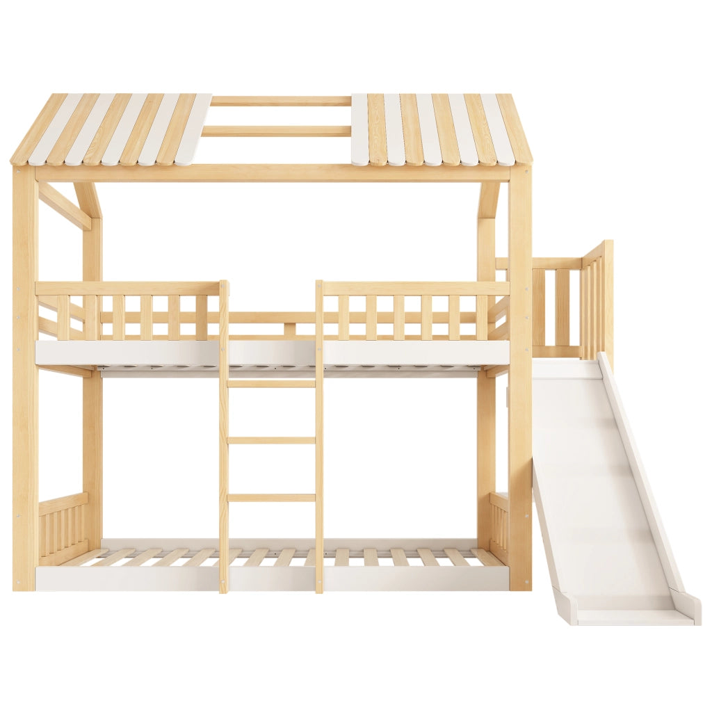 Letto bambini 90x200cm con tetto a timpano, scivolo, mensola laterale, bianco e legno naturale