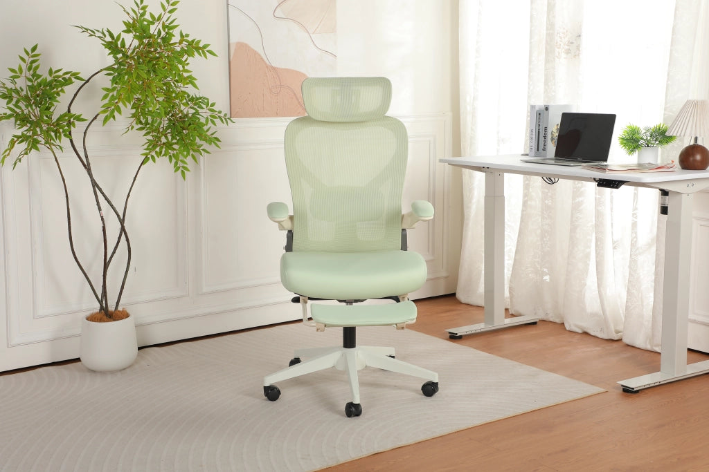 Sedia da ufficio pieghevole con supporto lombare e poggiatesta 3D, schienale reclinabile in schiuma verde