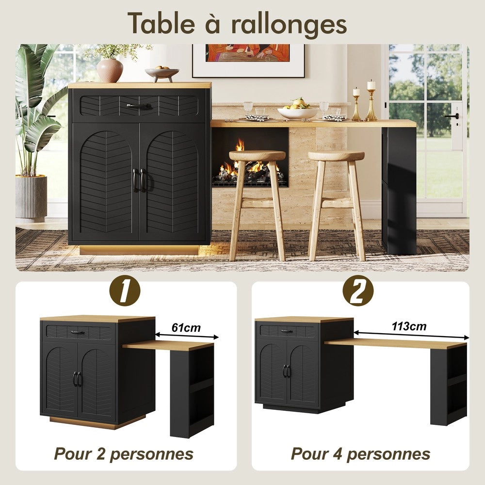 Isola Cucina con Luce LED e Tavolo Estraibile ¨C Xylo ¨C 2 Cassetti, 4 Ante, Nero/Bianco