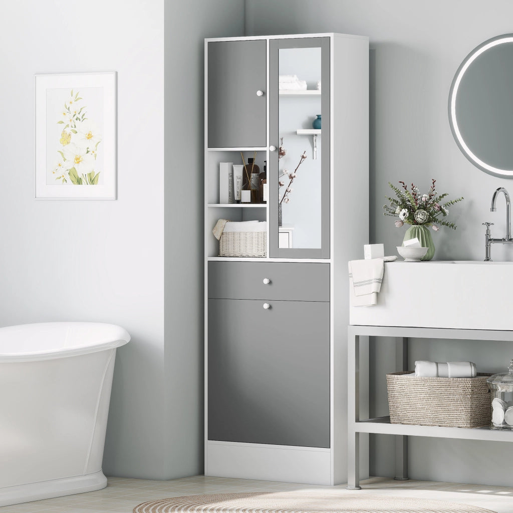 Mobile da bagno con cesto per la biancheria e specchio ripiano regolabile ¨C zephmum ¨C 62x28.3x181 cm grigio bianco
