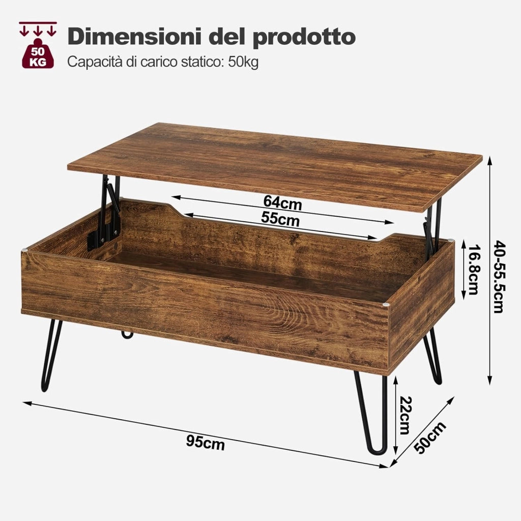 WOLTU Tavolino da Salotto, Tavolino da Caffè Sollevabile, Tavolino da Divano con Scomparto Nascosto, Stile Industriale, 95x50x(40-55,5) cm, Legno Marrone Vintage + Metallo Nero, BTS18hov