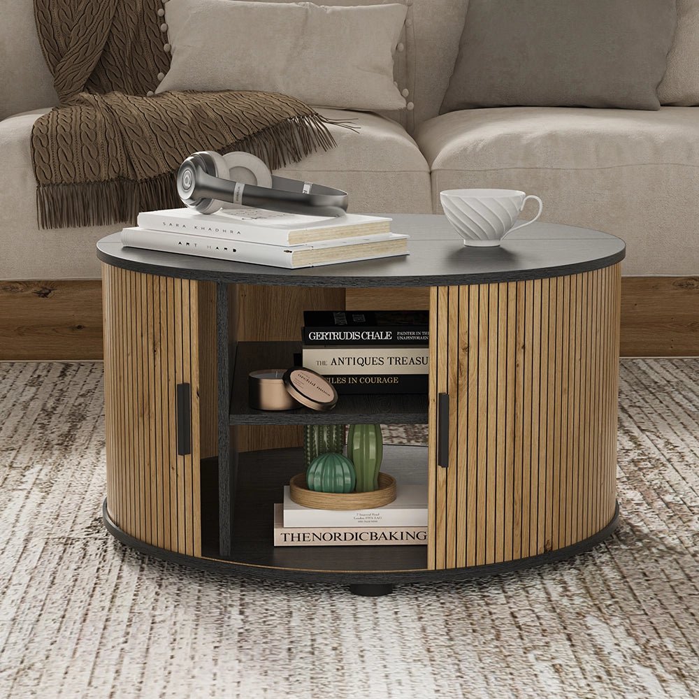 Tavolino soggiorno Selva Rovere/Nero 80 x 80 cm con porta scorrevole Vicco