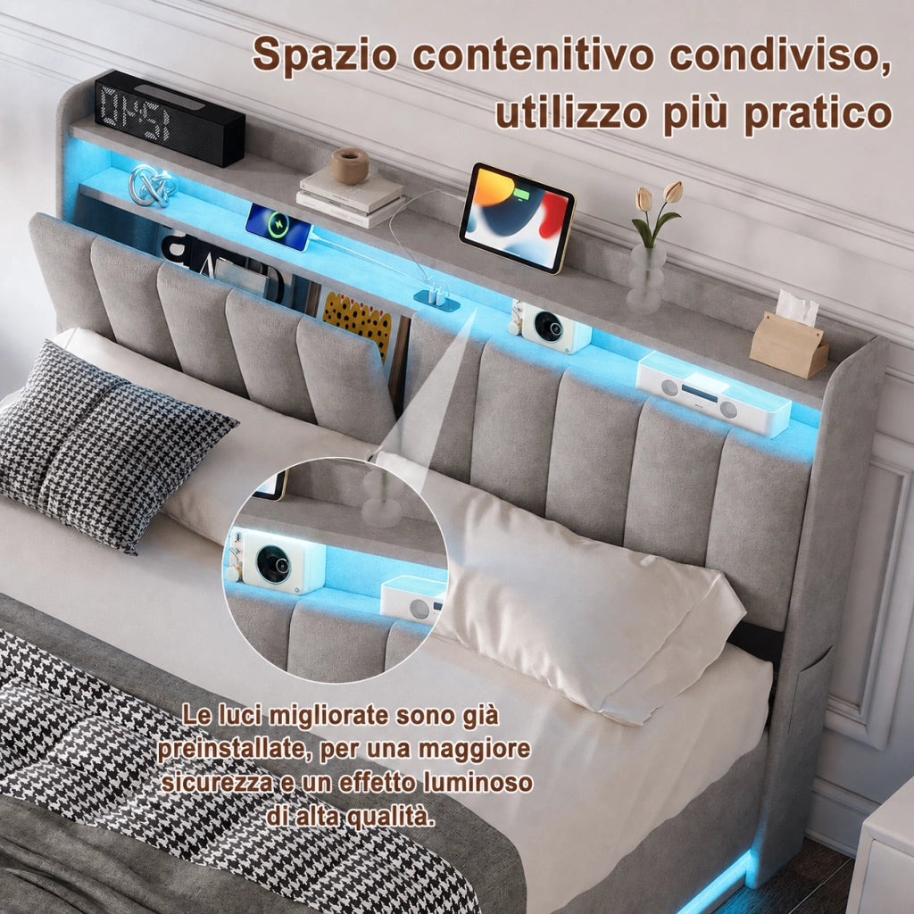 Letto matrimoniale con contenitore idraulico 160x200 cm, velluto grigio, testiera con vani, LED RGB, porte USB‑C e USB