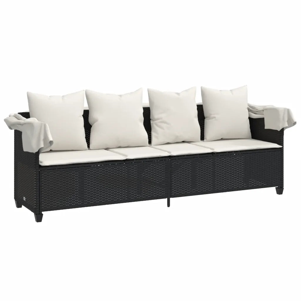 Lettino Prendisole con Baldacchino e Cuscini Nero Polyrattan 368353