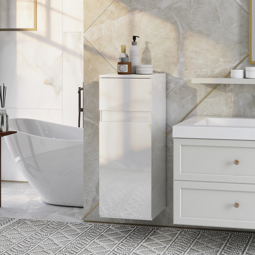 Mobiletto Bagno Sospeso con Cassetto, Anta Lucida e Ripiano in Vetro Regolabile, Bianco