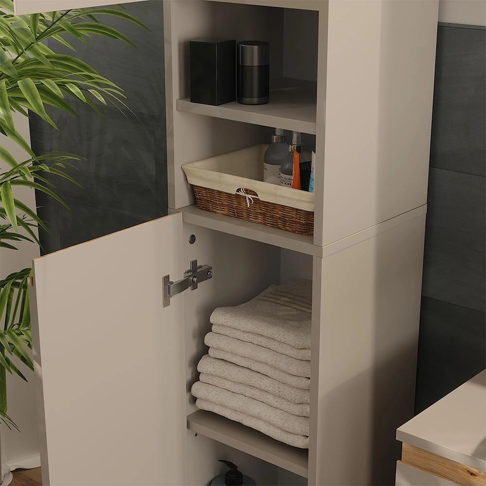 Armadio per il bagno J-Shape, Cashmere/Artigianale, 30.2 x 190 cm con 2 porte, per la conservazione di articoli da bagno e prodotti per l'igiene