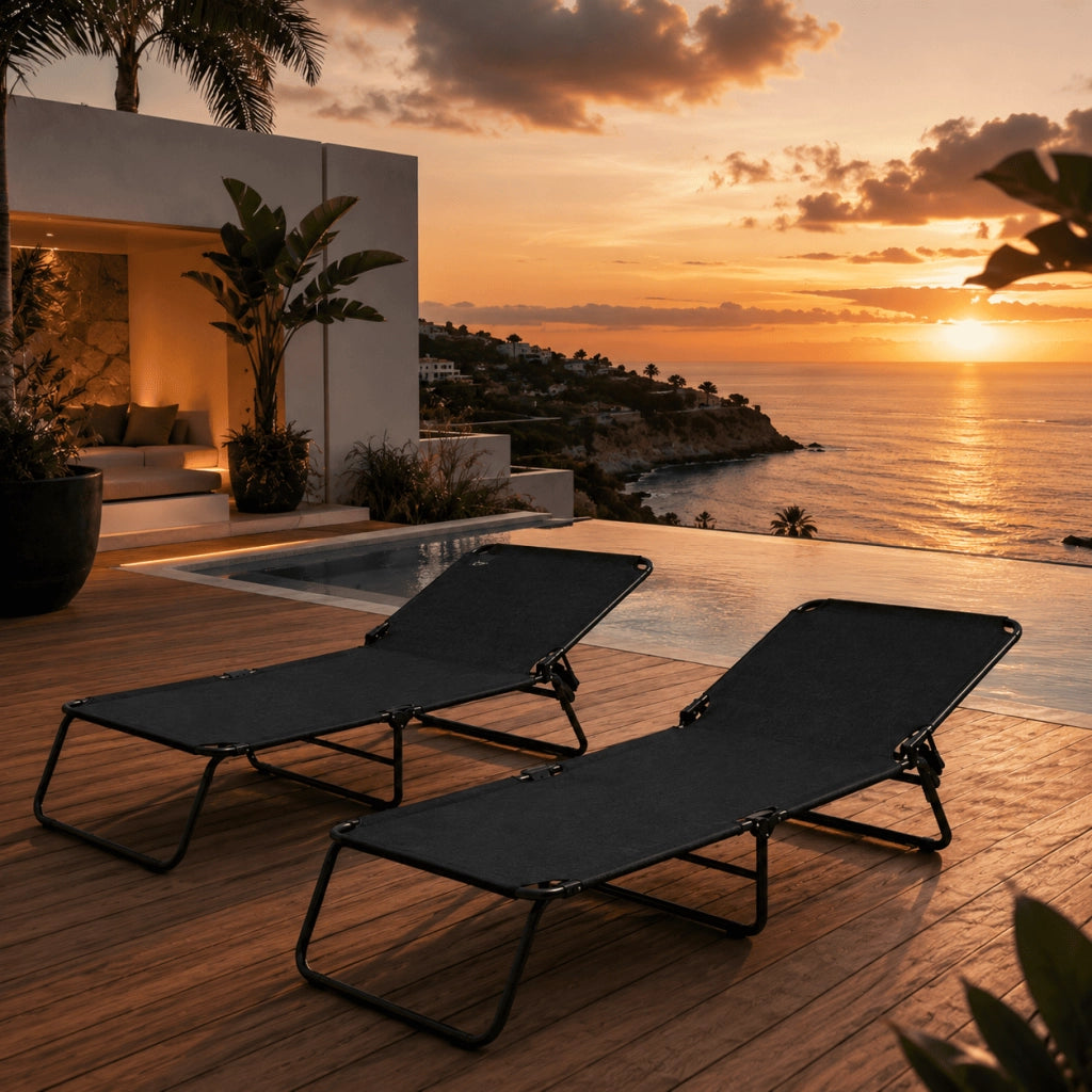 Set 2 Sdraio Mare Pieghevoli Senza Tettuccio Leggere E Portatili Schienale Regolabile Telaio In Acciaio Con Telo Traspirante Ideali Per Spiaggia Campeggio Giardino 24 x 187 x 53 Cm Nero