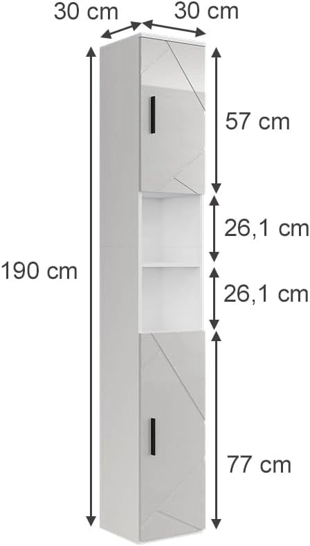 Mobile alto Irma, Bianco/bianco lucido, 30 x 190 cm con 2 porte
