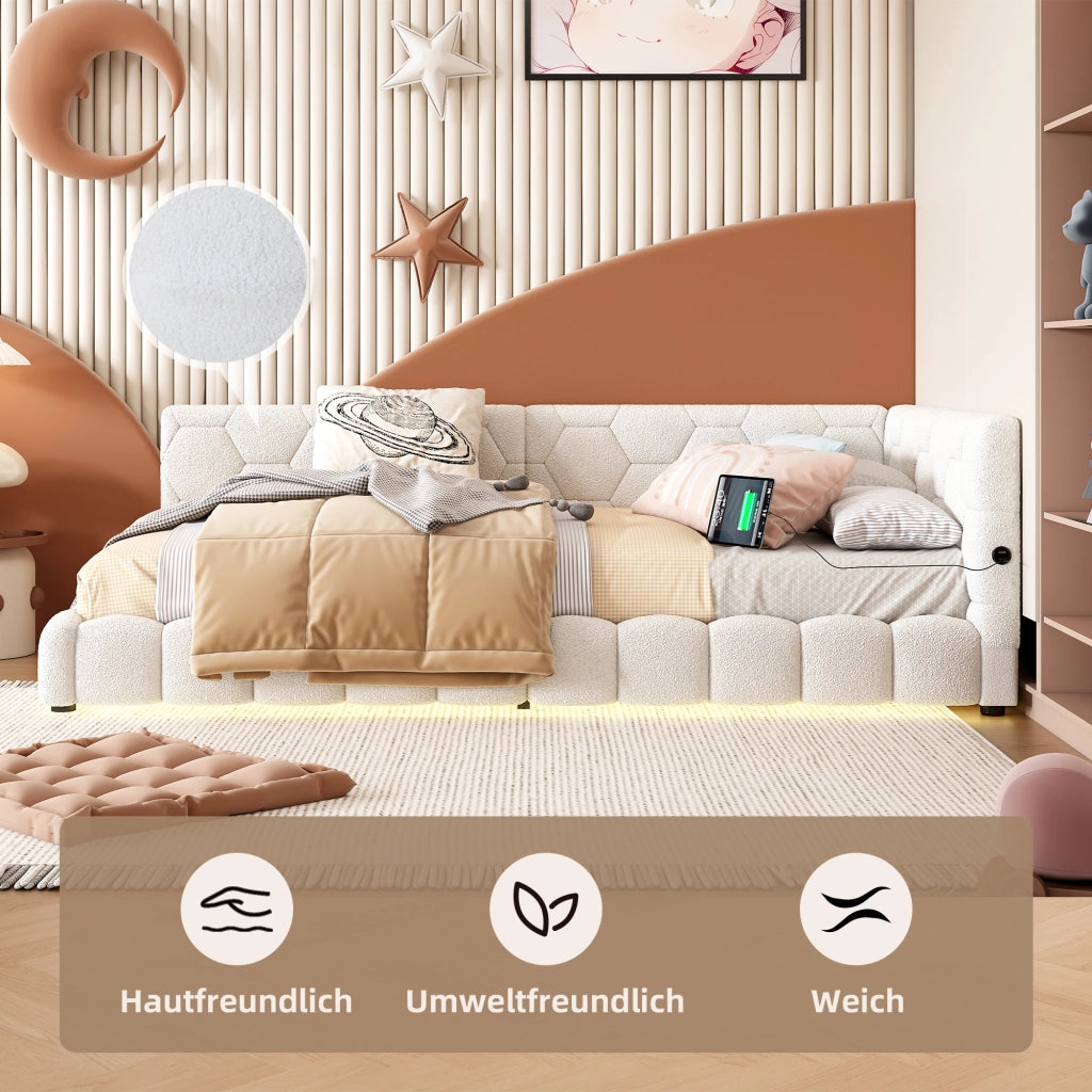 Letto singolo 90×200 cm con LED regolabile; USB e Type-C; senza materasso; MDF e velluto; bianco