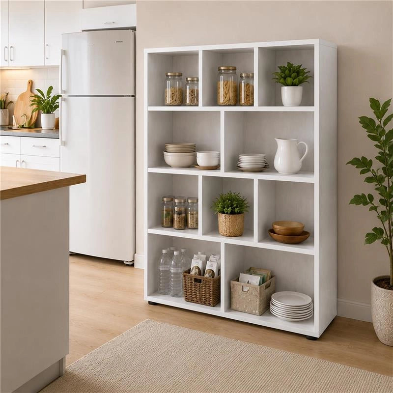 LIBRERIA MODERNA IN LEGNO BIANCO CON 10 RIPIANI SFALSATI DIMENSIONI 90X30X140 CM
