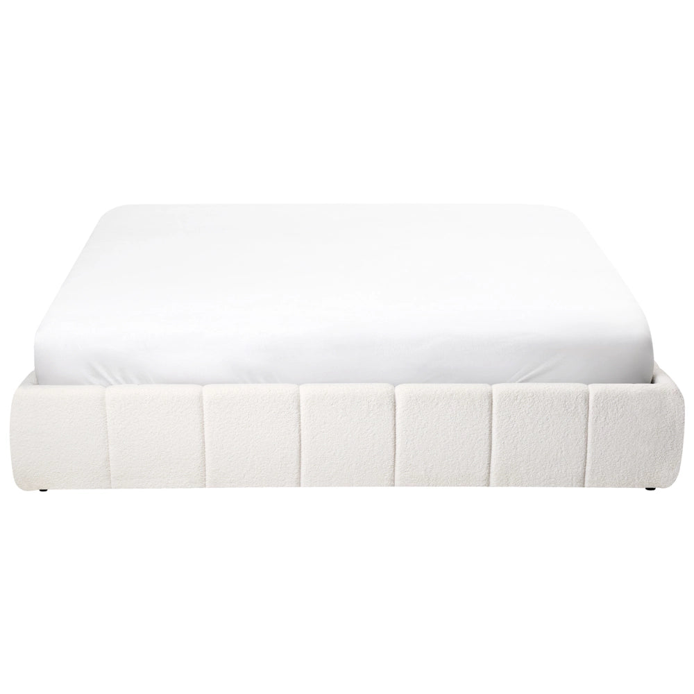 Letto matrimoniale in tessuto bouclè bianco sporco imbottita, con contenitore e panca 180x200 cm design moderno
