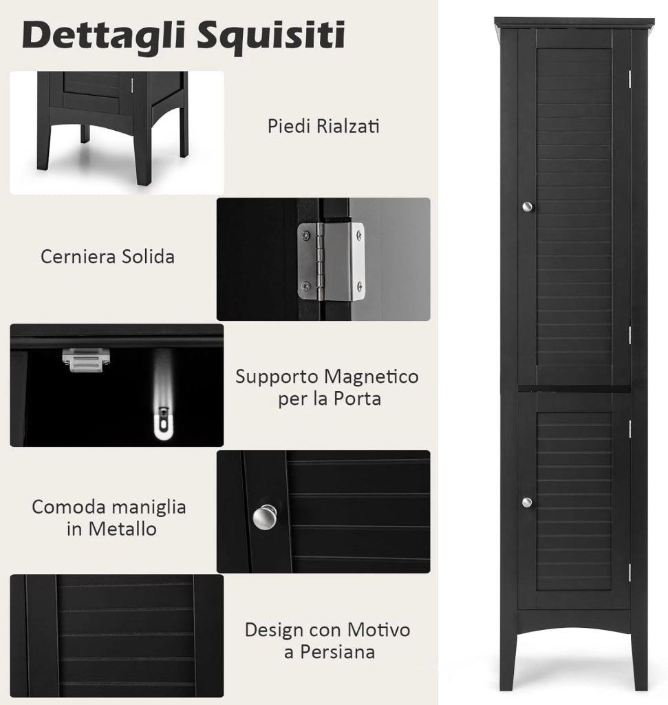 Mobile da Bagno Alto con 2 Ante, Armadio da Terra con 5 Vani, Mobile Colonna per Bagno Cucina Soggiorno, 37 x 37 x 160 cm (Nero)