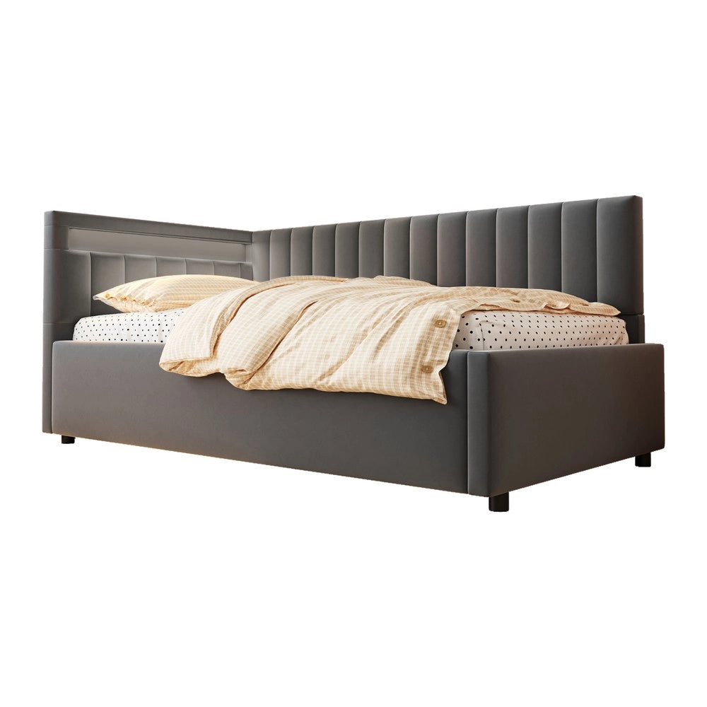 Letto Imbottito Contenitore con LED ¨C MINIMAL ¨C Velluto Grigio 90x200, Idraulico, Doghe