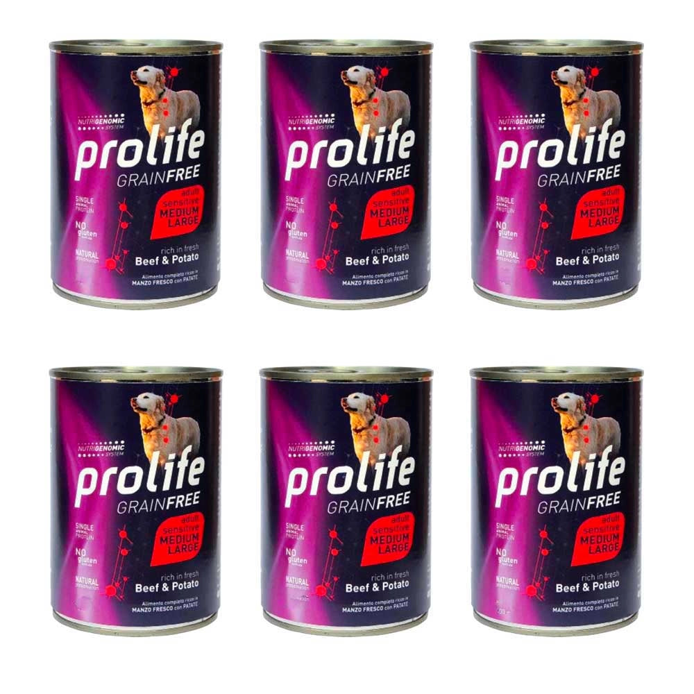Prolife Grain Free Adult Medium Manzo e patate 6x800Gr Cibo Umido Cane