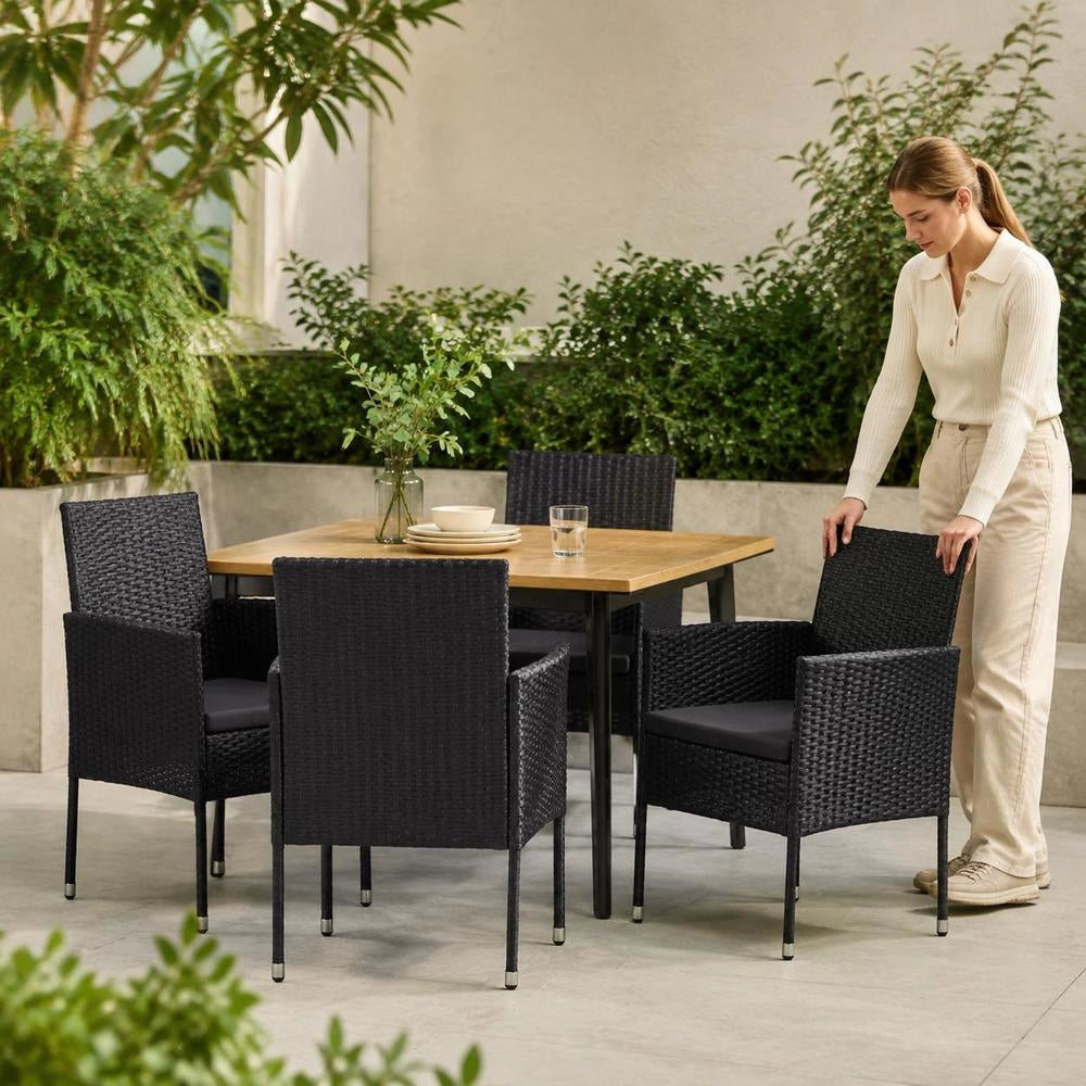 Garden Chairs With Cushions In Black, Set Of 4. Black Polyrattan.
