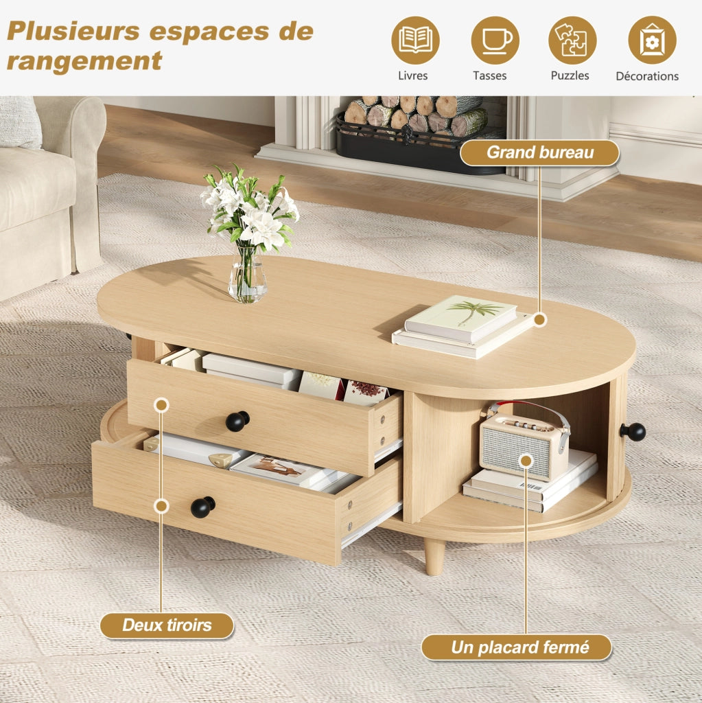 Tavolino da salotto in MDF con 2 cassetti e ante scorrevoli; 100x50x36 cm; legno naturale