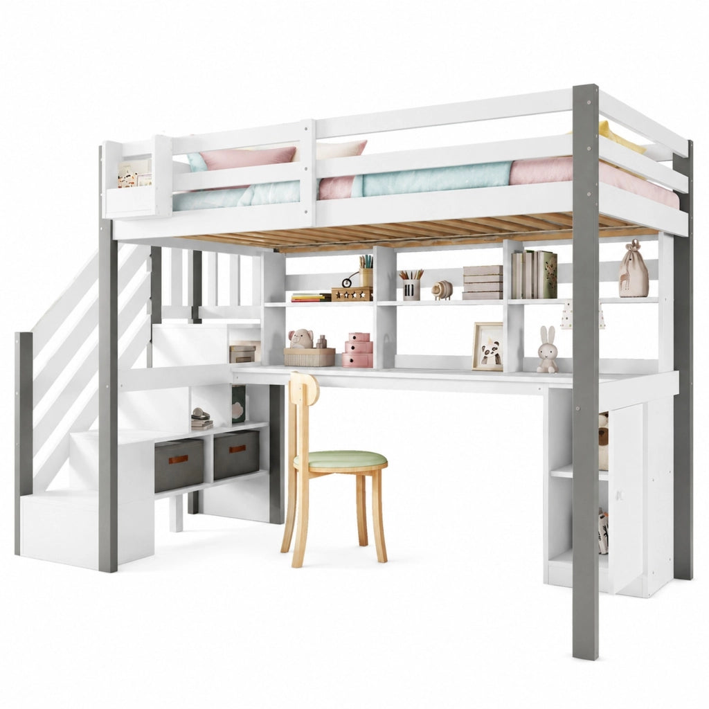 Letto semi-alto 90x200 cm con scrivania; scala contenitore e ripiani; bianco e grigio