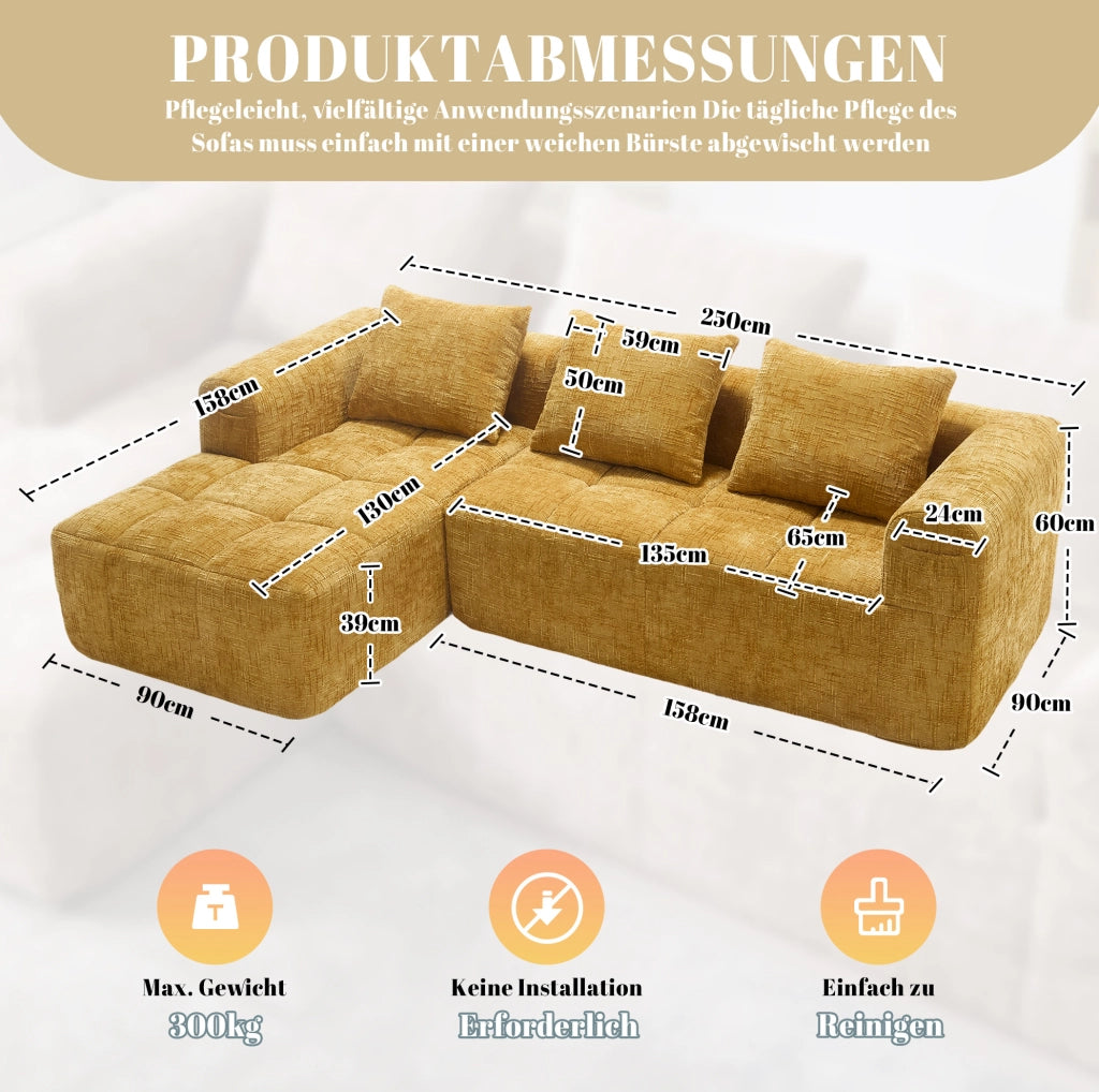 Divano componibile con chaise longue; tasche laterali; 250 × 158 × 60 cm; ciniglia gialla