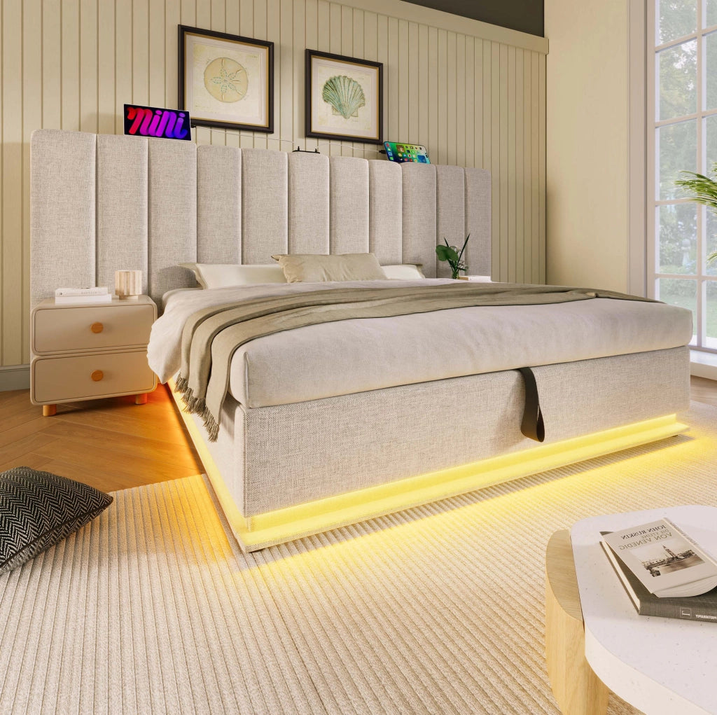 Letto matrimoniale imbottito 160x200 cm con contenitore; LED 360°; porte USB e Type-C; beige