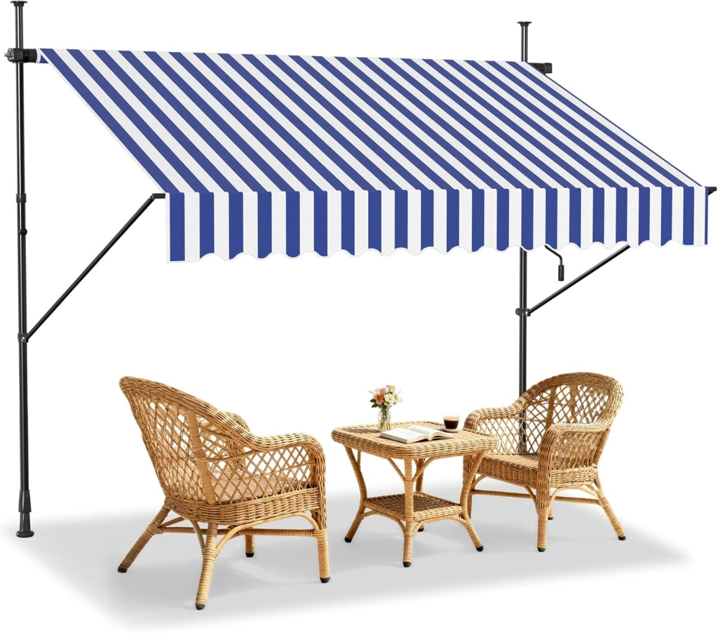 Tenda da sole da balcone, larghezza 400 cm, senza foratura, con manovella, regolabile in altezza, protezione solare resistente alle intemperie, 400 x 120 cm, strisce blu