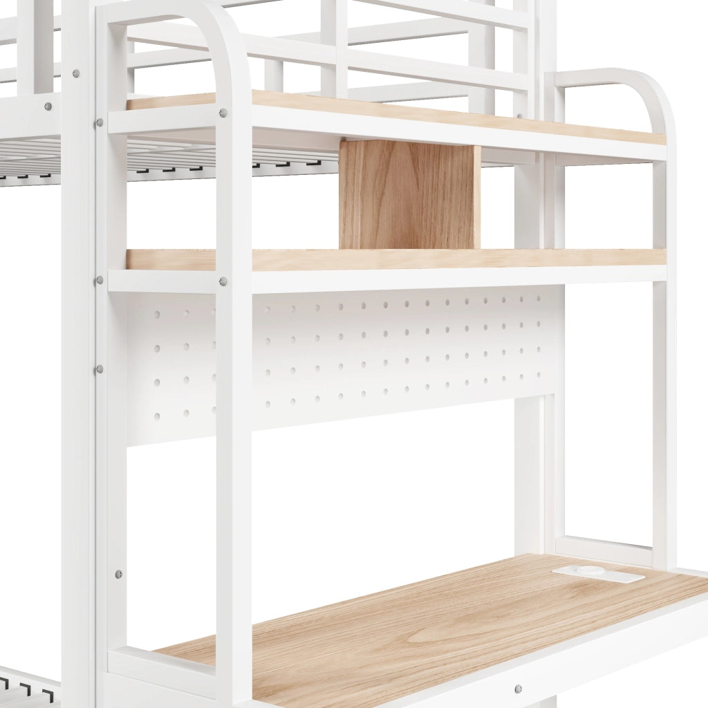 DESMIU Letto a castello 90 × 200 cm con scrivania, ripiani, LED e USB, senza materasso, in metallo, bianco