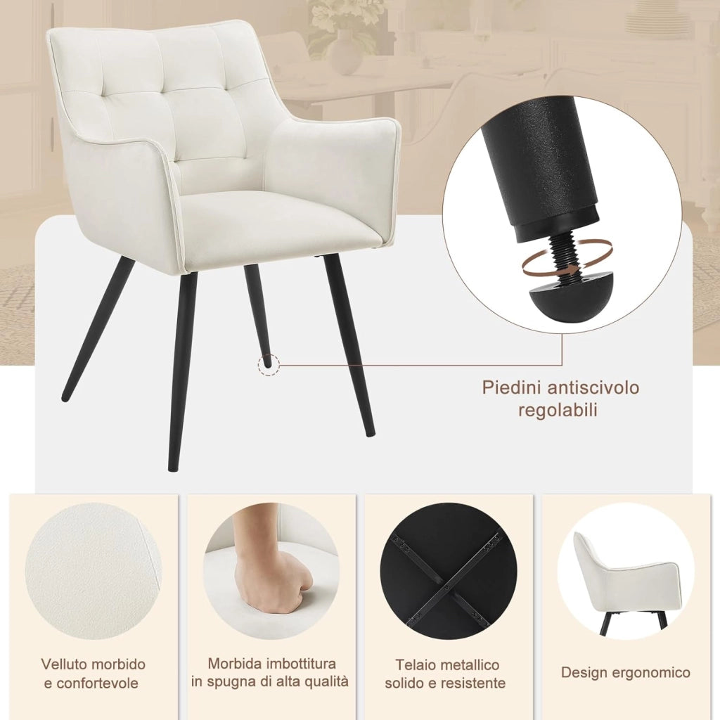Set di 4 Sedie da Pranzo Moderne, Sedie da Cucina con Schienale e Braccioli, Poltroncine Imbottite con Gambe in Metallo, per Salotto, Ufficio e Cameretta, in Velluto, Crema, BH374cm-4