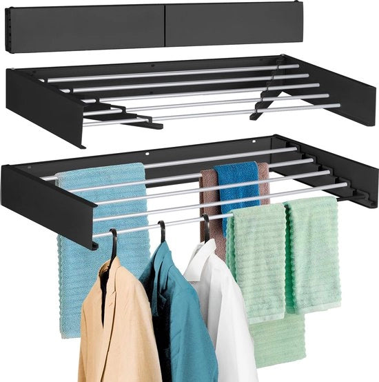 Wandgemonteerde opvouwbare droogrek, 101,6 cm di ampiezza, con 4,5 m e 5 stanghe in alluminio, punterello per fori, chiave a stella lunga, capacità 27,2 kg, bianco