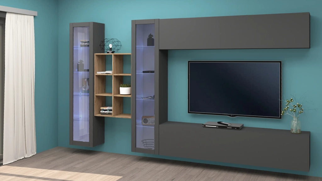Parete attrezzata sospesa antracite mobile TV pensile 2 vetrine libreria legno Kary RT