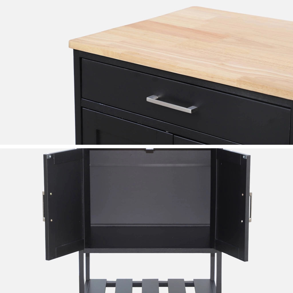 Carrello da cucina in legno di gomma con 2 ripiani, 56cm , nero