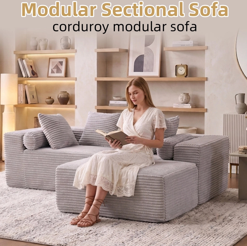 Divano modulare componibile 3 pezzi senza montaggio; chaise longue ampia; grigio